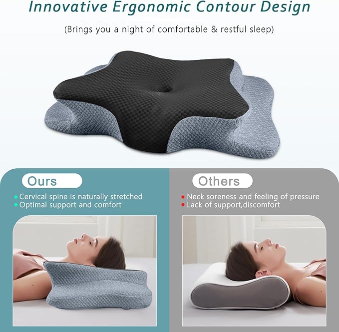 Cervical Neck Pillow for Pain Relief Sleeping, Contour Memory Foam Pillow, Ergonomic Side Sleeper Pillow for Adults, Cooling Orthopedic Neck Support Pillow for Back Stomach Sleepers