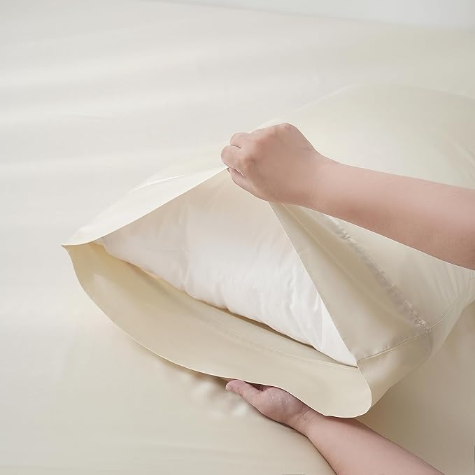 Linen World King Size 400TC Cooling Bed Sheet Set - 100% Organically Grown Viscose Sheets, Silky Soft & Breathable, Deep Pocket Fits Up to 16", 4-Piece Sheets with Pillowcases,Creamy
