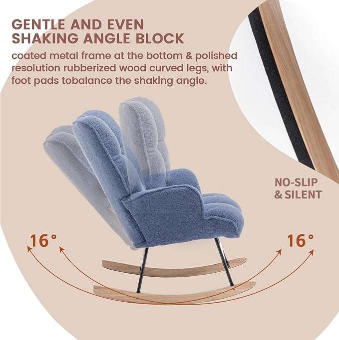 Rocking Chair Nursery Teddy Upholstered Glider Rocker Rocking Accent Chair Padded Seat with High Backrest Armchair Comfy Side Chair for Living Room Offices Bedroom(Sky Blue Teddy)