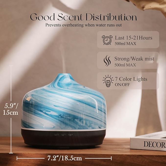Porseme 500ml Glass Essential Oil Diffuser Aromatherapy Ultrasonic Cool Mist Humidifier 15-21 Running Hours Waterless Auto-Off Air Diffusers for Sleeping Yoga Office Working Spa and Rest (Blue Ink)