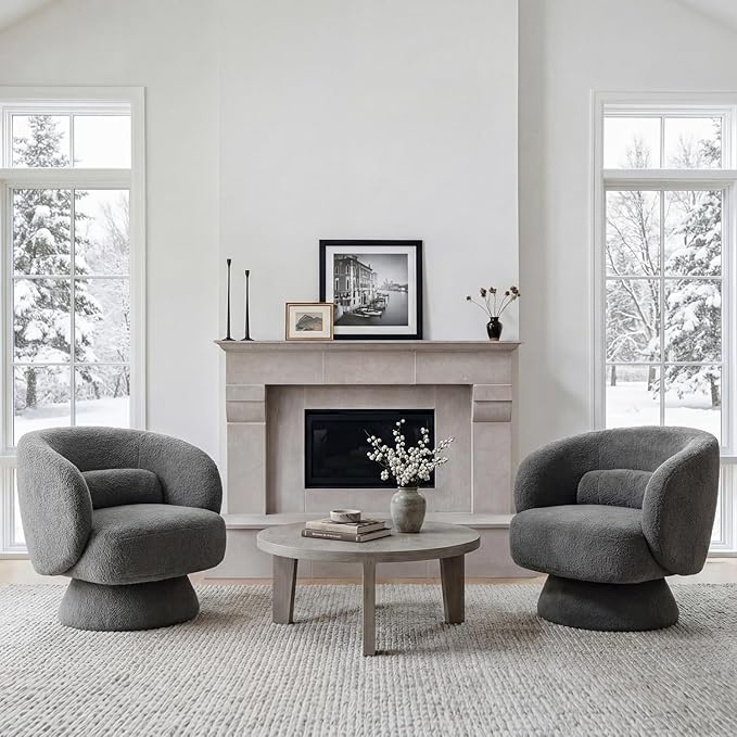 Swivel Accent Chair, Modern 360 Degree Swivel Barrel Chair with Arms & Curved Back and Lumbar Support Cushion, Comfy Round Single Boucle Sofa for Small Space, Living Room, Bedroom, Gray