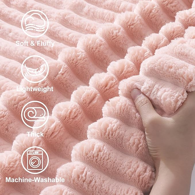 decorUhome Christmas Soft Fleece Pink Throw Blanket for Couch, Cozy Fluffy Plush Flannel Striped Blanket for Sofa Bed, Lightweight Decorative Ribbed Fuzzy Blanket for Woman, 50x60 Inches