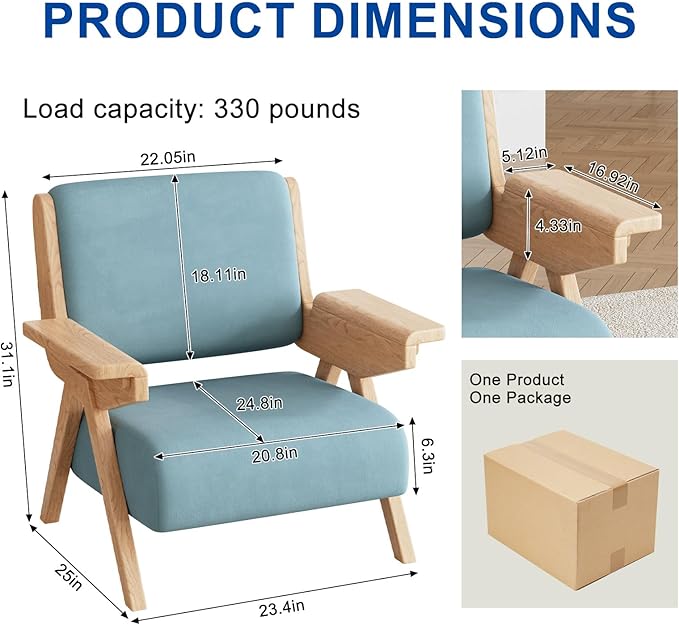 Accent Chair Set of 2, Mid Century Modern Chair, Velvet Upholstered Lounge Arm Chair with Solid Wood, Cozy Seating for Living Room, Bedroom, Balcony (Blue)
