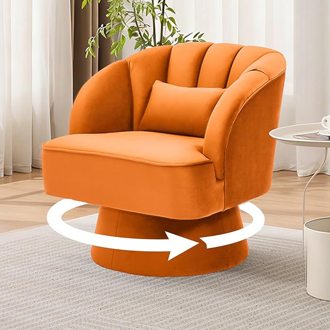 GarveeHome Modern Swivel Barrel Accent Chair, 360° Velvet Upholstered Armchair with Striped Backrest & Plush Padding, Comfy Round Lounge Chair (1, Orange + Velvet)