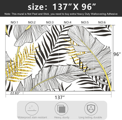 -Black and Gold Tropical Botanical Banana Leaf Fabric Wallpaper Living Room Bedroom Bathroom Abstract Plant Large Wall Mural- 137"x96"（ not Peel and Stick）