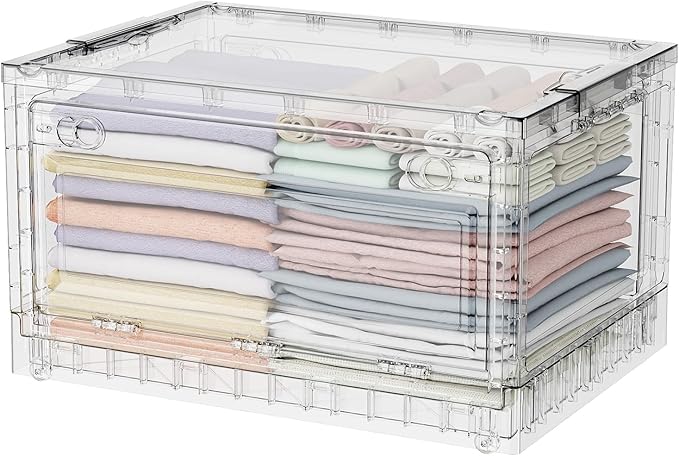 BROVIEW 80Qt Stackable Storage Bins with Lids Wheels, XL Clear Plastic Drawers Foldable Closet Organizers and Storage Cabinet Display Box Shelves with Front & Back Doors, for Home Office Garage,1Pack