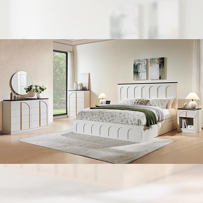 ACCOHOHO Modern Night Stand with Arched Panel,18" Wooden nightstand with Charging Station,Bedside Table with Drawer Storage,Side End Table with Open Shelf for Bedroom,Living Room,White