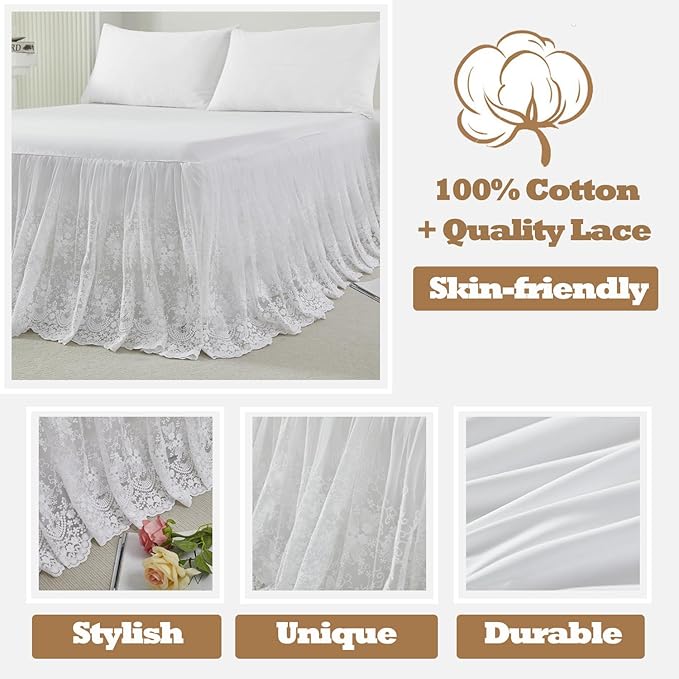 Brandream Luxury White Lace Bed Skirt King Size 18 Inch Drop Split Corners Romantic Bed Cover Dust Ruffle Bed Skirts