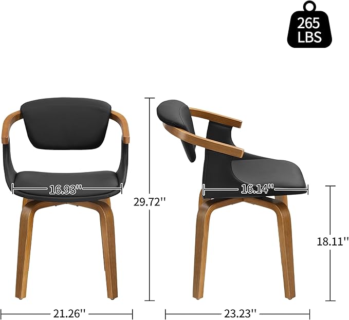 Art Leon Dining Chairs Set of 2 - Mid Century Modern Retro Faux Leather Chair, Small Comfy Upholstered Swivel Desk Chairs No Wheels, Black