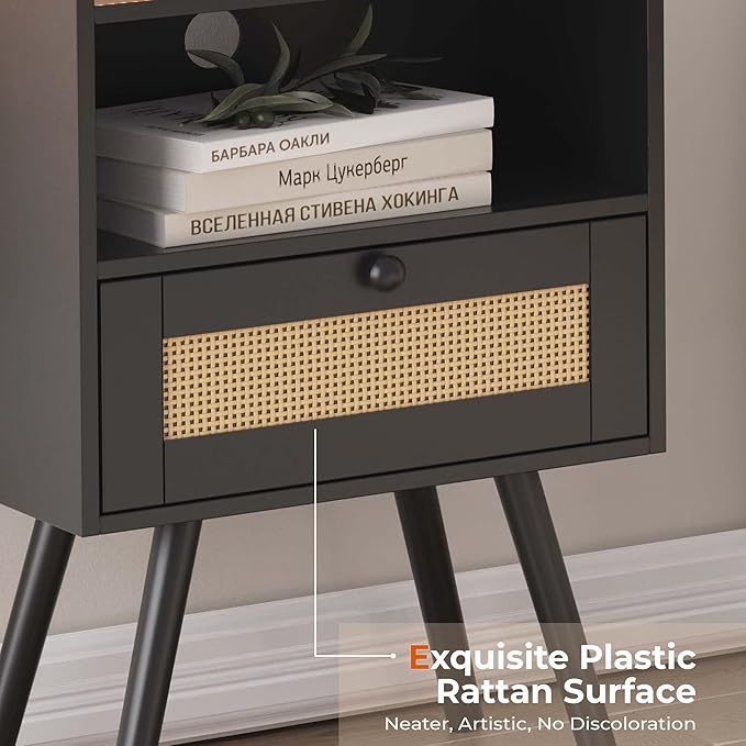 SUPERJARE Nightstands with Charging Station, Bedside Table Set of 2 with PE Rattan Drawers, Rattan Side Table with Storage & Solid Wood Feet, End Table for Bedroom, Black