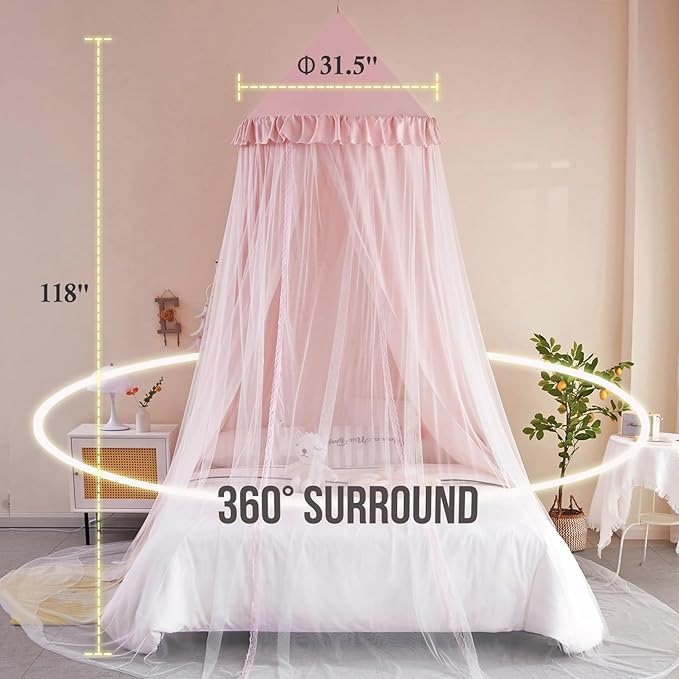 Kertnic 31.5inch Large Dome Bed Canopy for Girls, Double Layer Dreamy Ruffle Princess Canopy, Bedroom Hanging Tent Kids Reading Nook Canopies,Full Queen Bed Canopy Curtain (Beige Pink)