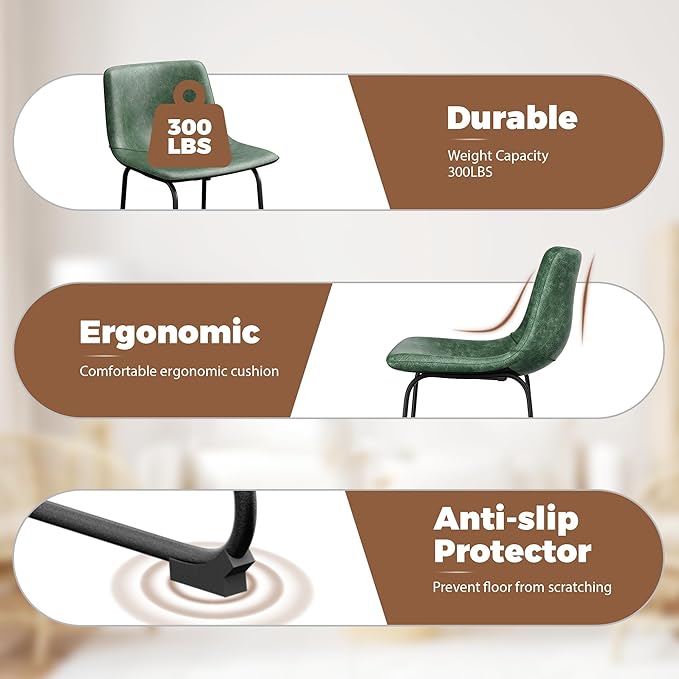 Dining Chairs Set of 4, 18 Inch Modern Armless Dining Chair with Back, Faux Leather Kitchen Dining Room Chair with Metal Legs for Home, Bistro Coffee Shops (Green)
