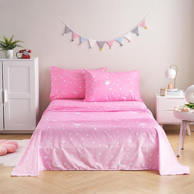 JSD Gradient Pink Moon Stars Kids Sheet Set Full Size, 4 Piece Space Theme Microfiber Sheets Deep Pocket