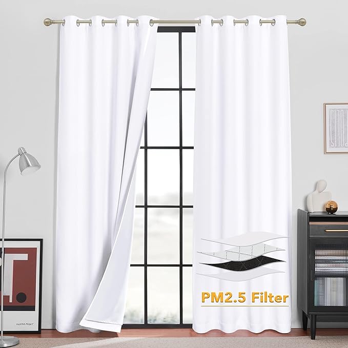RYB HOME Soundproof & Dust Particle Filtering Curtains Blackout Window Treatment for Bedroom Living Room Divider Nursery Daytime Sleeping Patio Door, Pure White, W52 x L 102 inch, 2 Panels