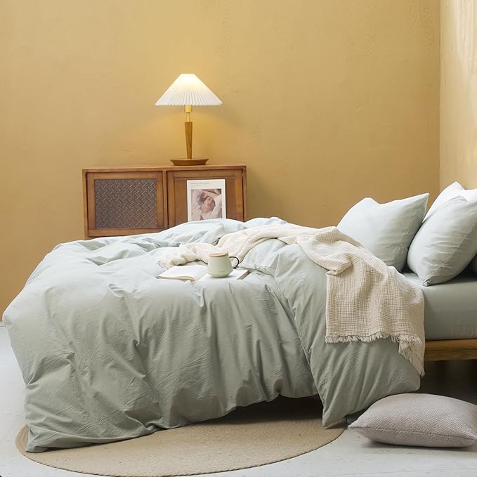FOSSA Duvet Cover Set 100% Washed Cotton Linen Feel Super Soft Breathable Cozy 3 Pieces Bedding Sets Solid Sage Green Twin