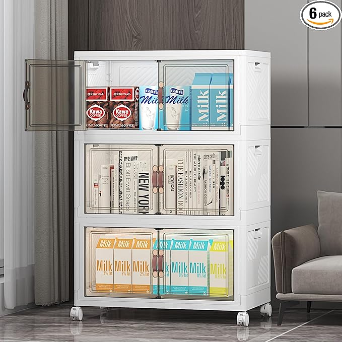 Extra Large Stackable Storage Bins with Lids & Wheels & Door, 156QT-52QT/13GAL*3Pack Foldable Collapsible Closet Organizers, Plastic containers drawers for bedroom Dorm