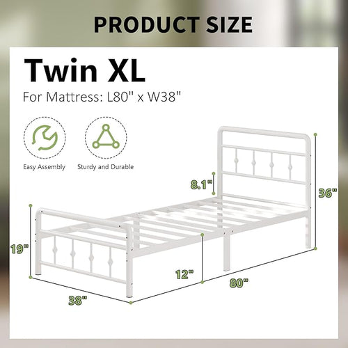 12 Inch Twin XL Bed Frames with Headboard and Footboard, Heavy Duty XL Twin Metal Mattress Foundation No Box Spring Needed, Noise Free, Easy Assembly, White