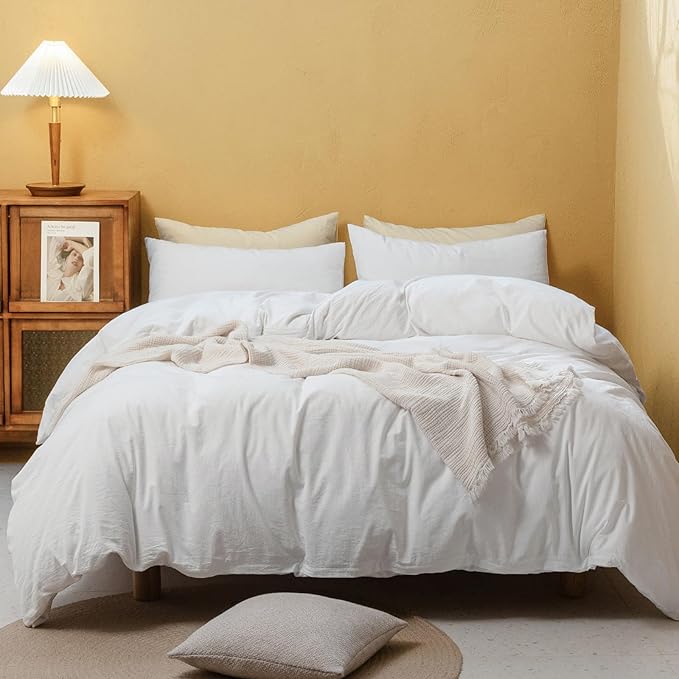 FOSSA Duvet Cover Set 100% Washed Cotton Linen Feel Super Soft Breathable Cozy 3 Pieces Bedding Sets Solid Off White Full/Double