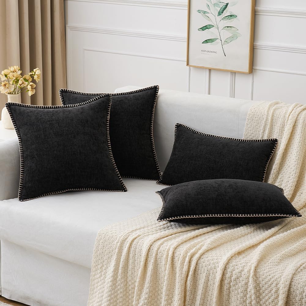 MIULEE Pack of 2 Couch Throw Pillow Covers 20x20 Inch Black Farmhouse Decorative Pillow Covers with Stitched Edge Soft Chenille Solid Dyed Spring Pillow Covers for Sofa Bed Living Room