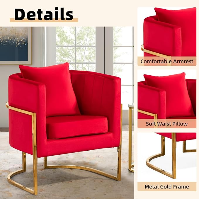 Velvet Modern Accent Chairs Set of 2, Upholstered Barrel Armchair Mid Century with Pillow for Living Room, Comfy Single Vanity Chair with Metal Gold Legs for Bedroom, Rose Red