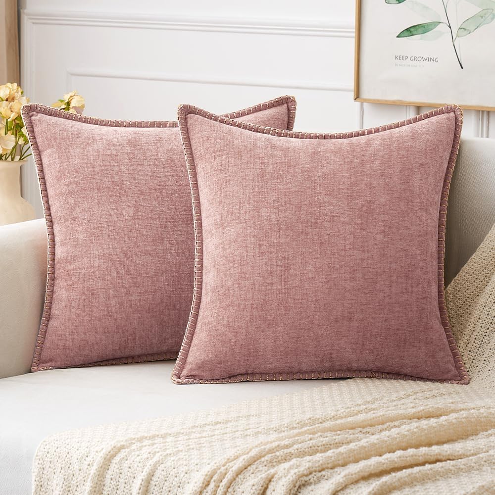 MIULEE Pack of 2 Couch Throw Pillow Covers 18x18 Inch Blush Pink Farmhouse Decorative Pillow Covers with Stitched Edge Soft Chenille Solid Dyed Spring Pillow Covers for Sofa Bed Living Room