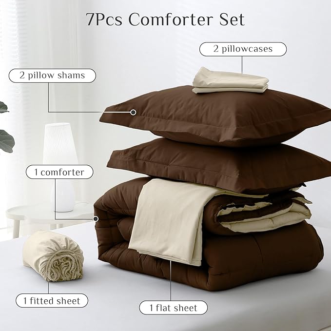 JOLLYVOGUE Full Comforter Set, Ultra-Soft Bed in a Bag Full Size 7 Pieces, Oeko-TEX Certified Bedding Set with Down Alternative Comforter, Sheets, Pillowcases & Shams, Brown & Beige