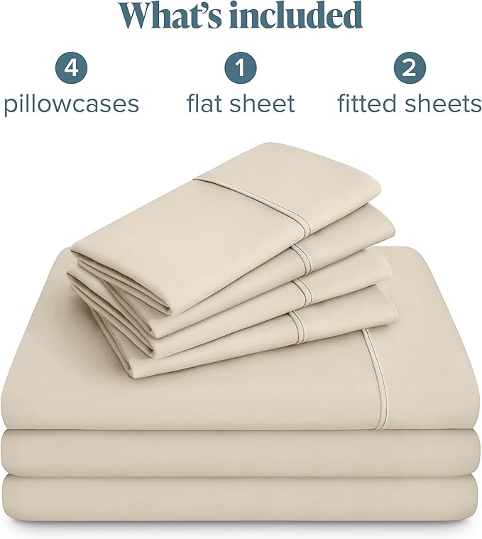 Bare Home Hotel Luxury Split King Sheet Set, Extra Soft - 7 Piece Set - Deep Pockets - Easy Fit - Cooling & Breathable - Wrinkle, Fade, Stain Resistant - Includes 4 Pillowcases (Split King, Sand)