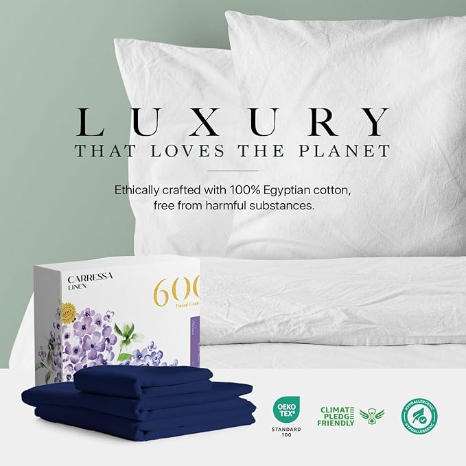 Carressa Linen 100% Egyptian Cotton Twin XL Sheets Set - 600 Thread Count Luxury Egyptian Cotton Sheets Twin XL Size (3 PC, Navy Blue), 16" Deep Pocket, Soft, Cooling, Sateen Weave Dorm Room Bedding