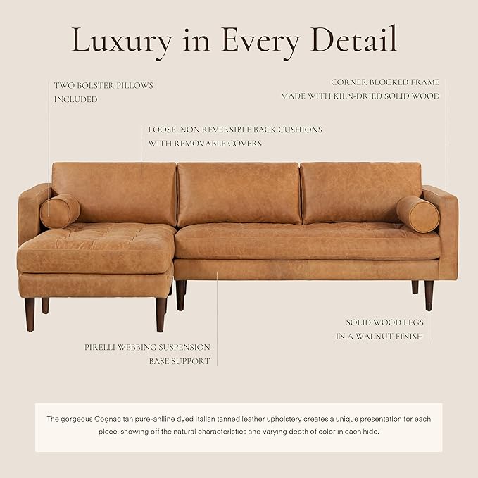 POLY & BARK Napa 104.5" Left-Facing Sectional Sofa – Cognac Tan Full-Grain Pure-Aniline Italian Leather, Feather-Down Cushions, Kiln-Dried Solid Wood Frame, Walnut Legs