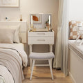 Solid Wood Small Vanity Desk with Mirror and Lights, Narrow Makeup Vanity for Small Space, Flip Top Vanity Side Table, 3 Color Modes & Adjustable Brightness, 19.6" Slim Dressing Table, White