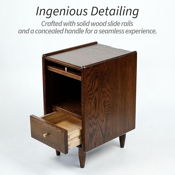 Mid Century Modern Narrow Nightstand with Drawers, Solid Wood Oak Bedside Table, Side Table, 11.81 W x 15.75 D x 21.26 H Inches, Walnut