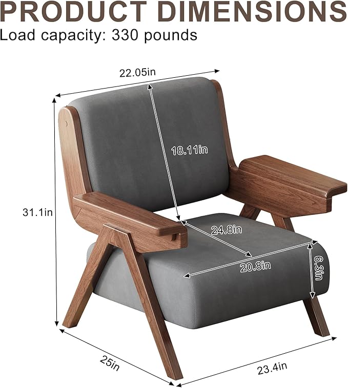 Mid Century Modern Accent Chair, Fabric Upholstered Lounge Arm Chair with Solid Wood Frame for Living Room, Bedroom, Office, Reading Corner (Gray, Set of 2)