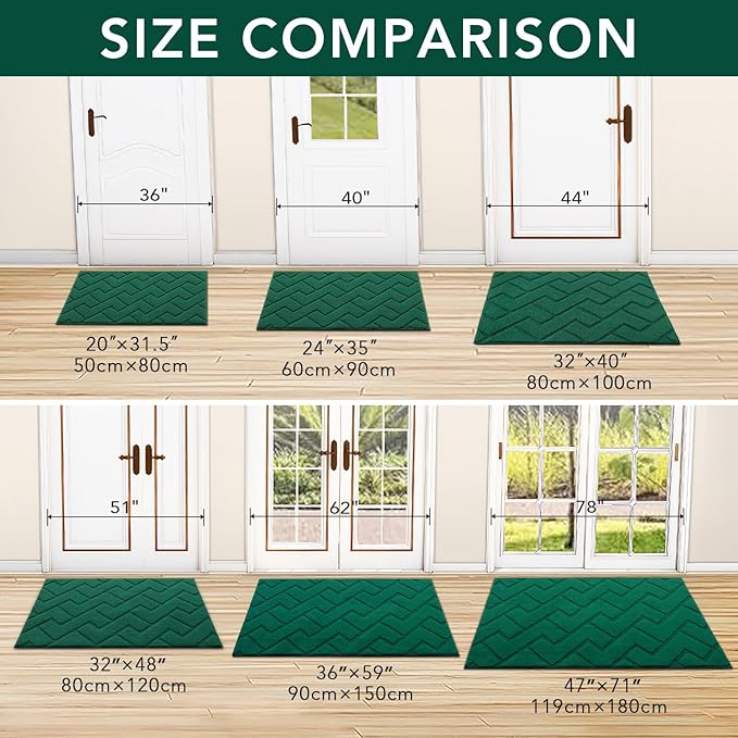 hicorfe Front Door Mat Outside Entrance,20"x31.5" Absorbent Muddy Dirt Resist Welcome Door Mats Outdoor Indoor,Stain and Fade Resistant,Non Slip Backing Entry Mat Doormat for Entryway(Evergreen)