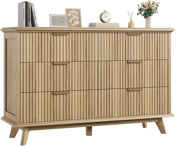 QUW Modern Fluted Dresser for Bedroom with 6 Drawers,47.2" Wood Closet Organizers and Storage,Wide 6 Drawer Dresser with Metal Handle,Hallway,Living Room(Natural Oak)