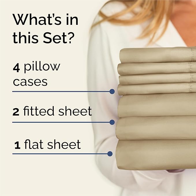 Split King 7 Piece Sheet Set - Cooling & Breathable - Hotel Luxury Bedding - Includes Fitted Sheets for Women, Men, Kids and Teens - 1 Flat, 2 Fitted Sheets, 4 Pillowcases with Deep Pockets - Beige