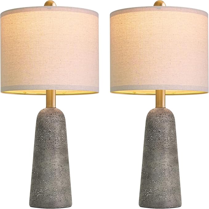BOBOMOMO 21" Modern Table Lamps Set of 2, Gray Resin Lamp with Stone Look, Small Bedside Lamps for Bedroom, Contemporary Nightstand Lamps with Linen Shades, Small Lamp for Nursery, Entryway