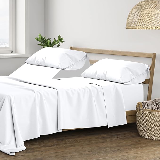 THREAD SPREAD 100% Cotton Split King Sheets for Adjustable Bed - 400 Thread Count 5 PC Sateen Split Sheet Set, Soft, Breathable Cooling Cotton Sheets, 16" Deep Pocket Split King Sheet (White)