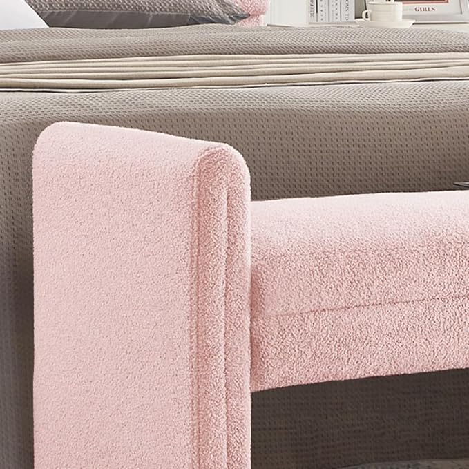 24KF Modern Upholstered Bed Bench Covered with Soft Boucle Teddy Fabric, Lovely Entryway Bench Ottoman with Armrest, 5062-Pink