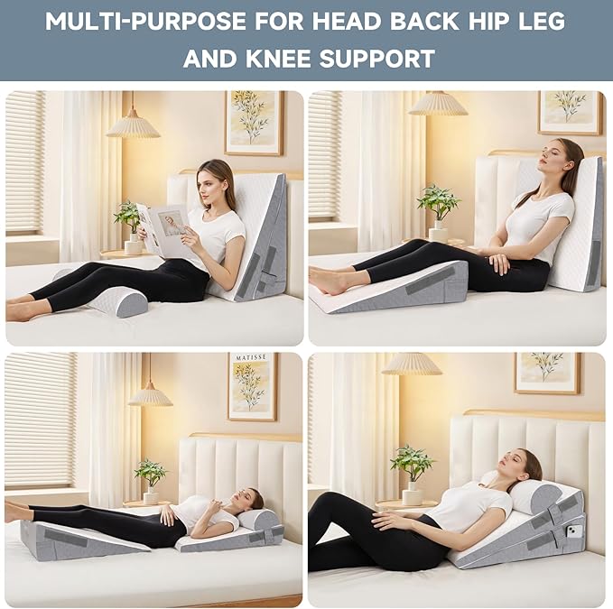 Bed Wedge Pillow for Sleeping, 3 Pcs Adjustable Height 4.5&7.5&12 Inch Triangle Pillow Wedge for Post Surgery, Acid Reflux, Snoring, Legs Pain Relief (Dark Gray)