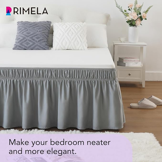 RIMELA Gray Queen Bed Skirt 12 Inch Drop,Elastic Bed Skirts Queen Size Dust Ruffle, Light Grey Bedskirt for Adjustable Bed Base Solid Fade Resistant Silky Fabric Machine Washable Easy to Install