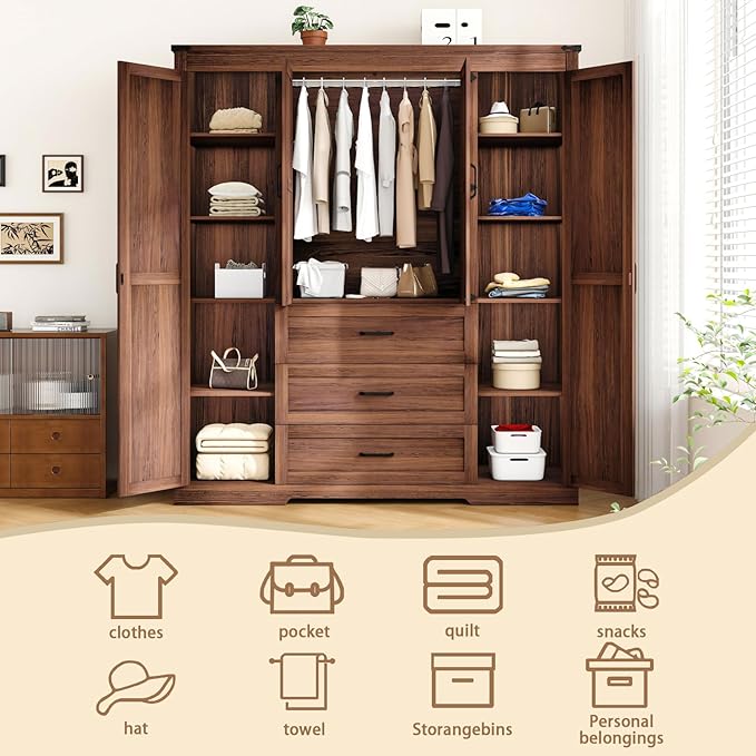 4 Door Armoire Wardrobe Closet Cabinet with 3 Drawers and Drawers, Farmhouse Bedroom Armoire with Hanging Rod and Adjustable Shelves, Large Capacity Storage Wardrobe Armoire for Bedroom, Brown