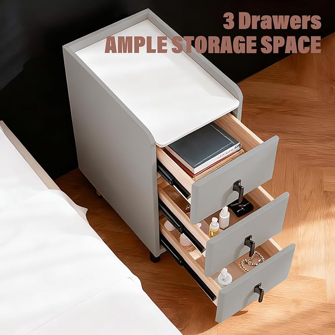 Lamberia Narrow Nightstand with 3 Drawers, Narrow Side Table, Small Bedside Table for Bedroom, Living Room, End Table for Small Space, Dark Grey, 9.8''W x 15.8" D x 23.5" H