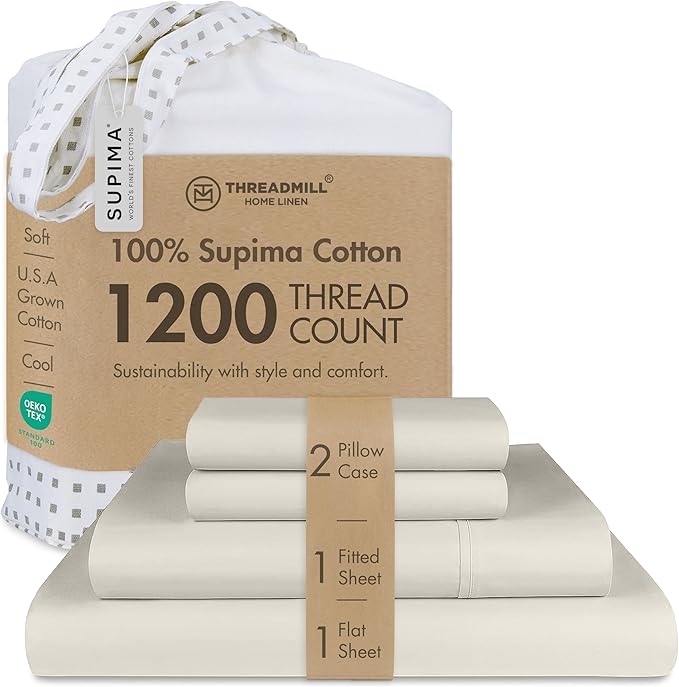 Threadmill Supima Cotton Queen Sheet Set, 1200 Thread Count Queen Sheets for Queen Mattresses, 4 Piece American Luxury Bed Sheets, Sateen Hotel Quality Sheets with Elasticized Deep Pocket, Taupe