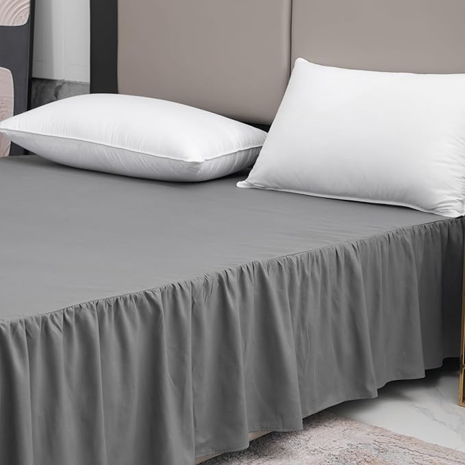 Grey Bed Skirt Full Size Ruffled Bed Skirt with Split Corners, 16 Inch Drop Dust Ruffle Bed Skirts with Platform, Grey
