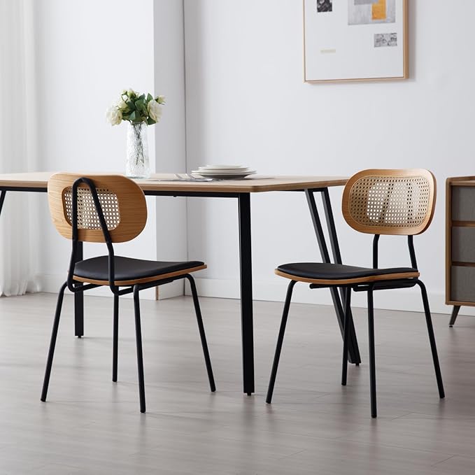 HEAH-YO Modern Dining Chairs Set of 2, Upholstered Faux Leather Rattan Dining Chairs with Backrests, Armless Dining Room Chairs for Kitchen, Black