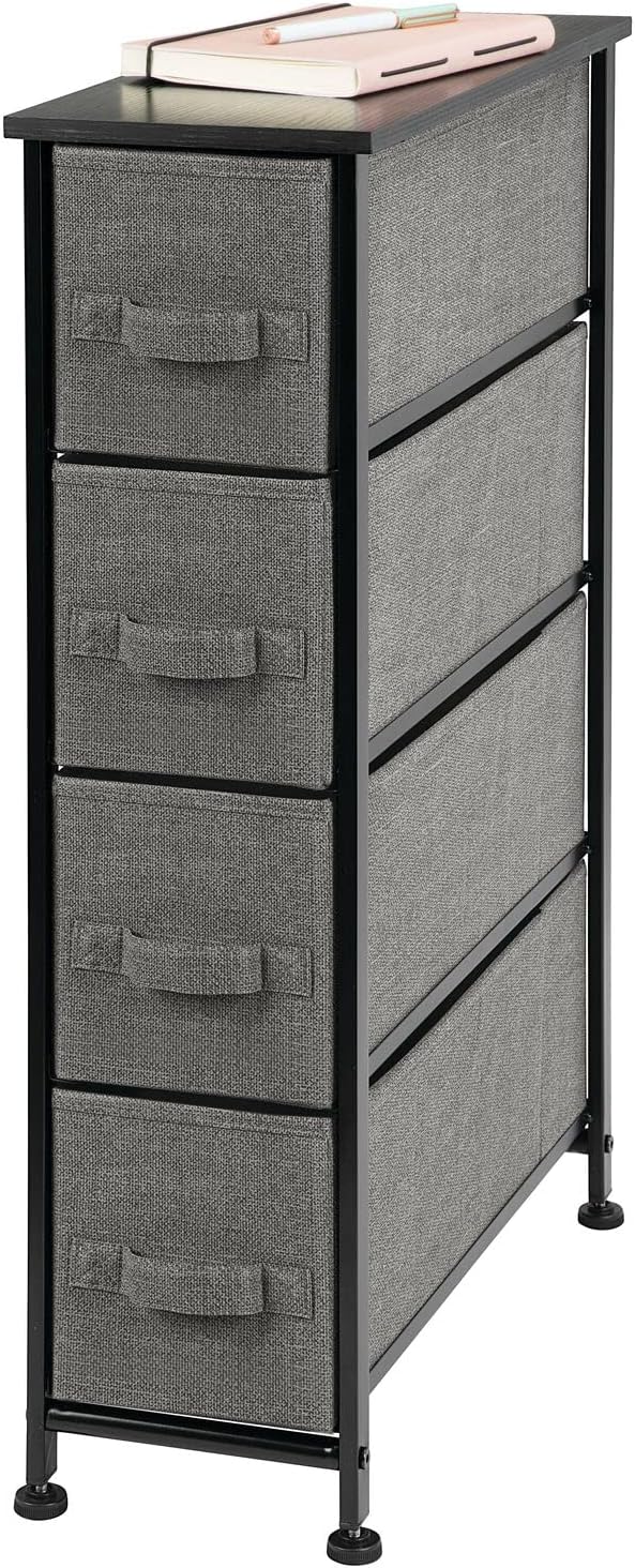 mDesign Narrow Dresser Storage Tower Stand with 4 Removable Fabric Drawers - Steel Frame, Wood Top Organizer for Bedroom, Entryway, Closet - Lido Collection - Charcoal Gray