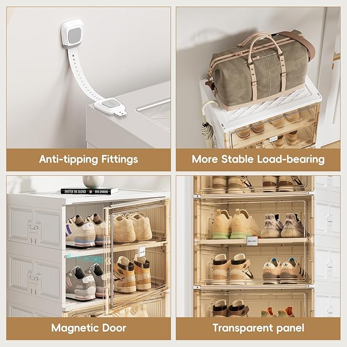 JEKO&JEKO 10 Tiers Foldable Shoe Rack Organizer Cabinet for Closet Entryway, Large Collapsible Shoe Storage Box with Magnetic Doors (White)