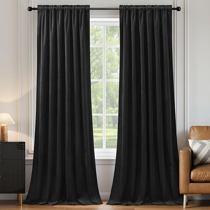 AUSSPVOCT Black Velvet Blackout Curtains 84 Inches for Bedroom, Room Darkening Drapes Super Soft Elegant Thermal Insulated Soundproof Curtain for Living Room, Back Tab Rod Pocket, W52 x L84, 2 Panels