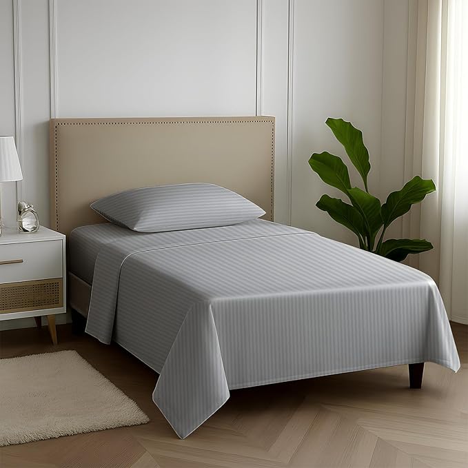 Carressa Linen Luxury Egyptian Cotton Twin Stripe Sheet Set - 600 Thread Count Extra Long Staple 3 PC Set, Twin Damask Sheets, Soft, Cooling Sateen Weave Striped Sheets Upto 18" Deep Pocket - Silver