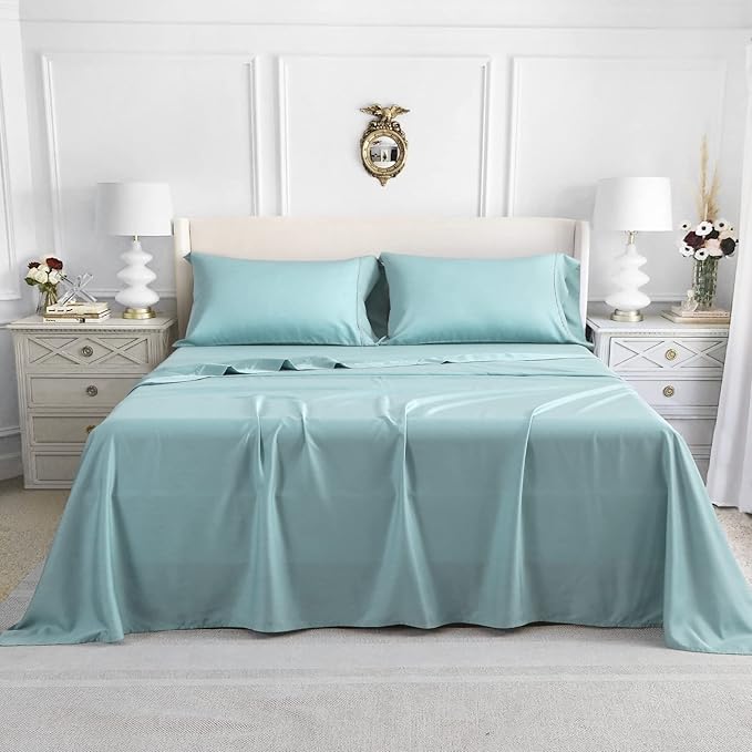 Linen World Lyocell Cooling Bed Sheets Set Queen Size,100% Organically Grown Viscose Sheets,Deep Pocket Up to 16",4 Pieces Silky Soft,Breathable Bedding Sheets & Pillowcases(Ice Blue,Queen)